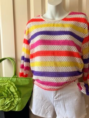 2pc Colorful Striped Crochet Sweater — Bright Multi w/ fun tote. Top size L
